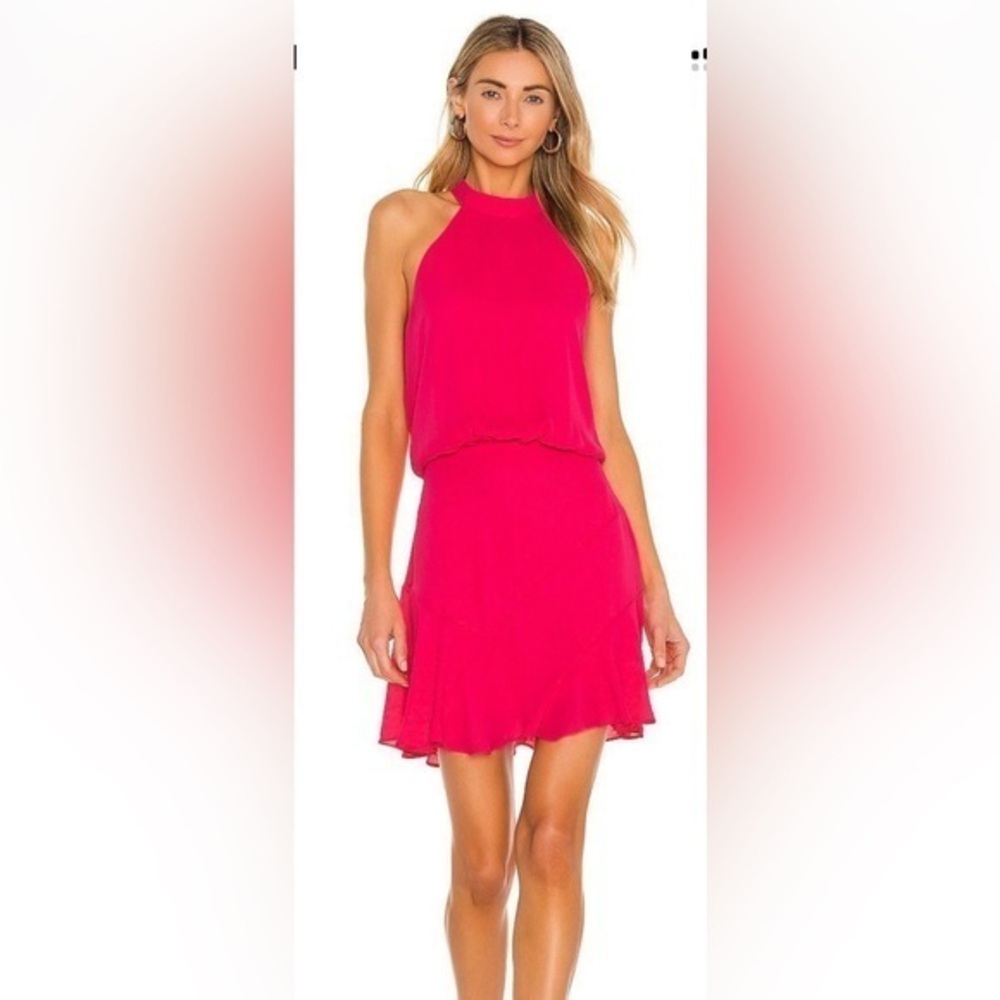 Krisa Asymmetrical Flare Halter
Mini Dress in Freesia, Size Medium NWT